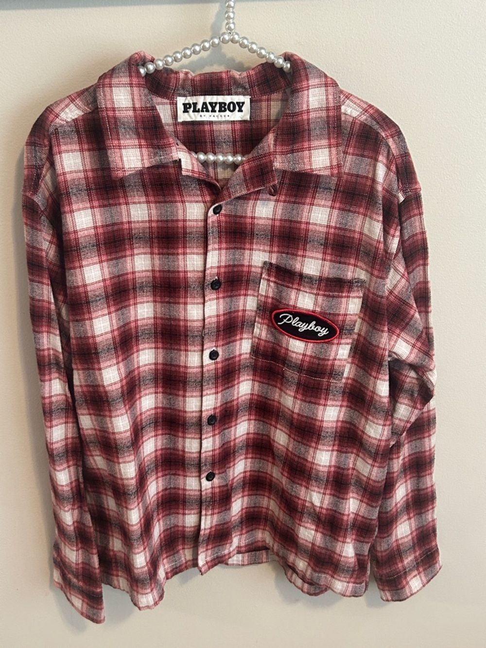 Playboy PacSun Plaid Flannel Button Down Shirt Red White Logo Patch Mens Sz M